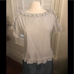 Madewell White with Blue Cotton Lace-up Ruffled Sleeve Top